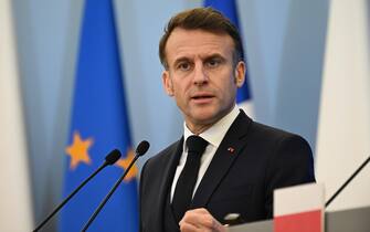 pic: Emmanuel Macron
Poland'''s Prime Minister Donald Tusk and French President Emmanuel Macron press conference after their meeting in the Polish capital, Warsaw. Prime Minister Tusk stated that President Macron'''s visit to Poland on Thursday was to provide updates on his recent discussions with his Ukrainian and US counterparts.//ACCORSINIJEANNE_jeannen0499/Credit:Jeanne Accorsini/SIPA/2412121400