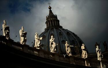 TOPSHOT - This picture shows the dome of St Peter's basilica at the Vatican on March 9, 2013. The Vatican on Saturday installed a special chimney on the Sistine Chapel from which white smoke will signal the election of a new pope as cardinals prepare for the historic vote next week after Benedict XVI's resignation.  AFP PHOTO / FILIPPO MONTEFORTE (Photo by FILIPPO MONTEFORTE / AFP) (Photo by FILIPPO MONTEFORTE/AFP via Getty Images)