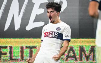 Vitor MACHADO FERREIRA (Vitinha) of PSG celebrates his goal during the French championship Ligue 1 football match between Stade Rennais (Rennes) and Paris Saint-Germain on October 8, 2023 at Roazhon Park in Rennes, France