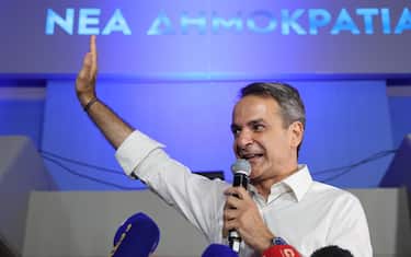 ATHENS, GREECE - JUNE 25: Kyriakos Mitsotakis delivers a speech in front of New Democracy party headquarters on June 25, 2023 in Athens, Greece. In Greeceâs general elections, the conservative New Democracy party led by former Prime Minister Kyriakos Mitsotakis is well ahead of the main opposition SYRIZA party, according to early exit polls after the voting ended on Sunday evening. The New Democracy party is projected to get around 40-44% of the votes, with Syriza in a range of 16.1-19.1%. (Photo by Ayhan Mehmet/Anadolu Agency via Getty Images)