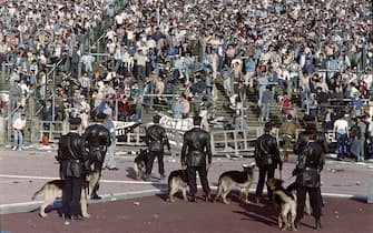 Belgium policemen with dogs face Italian fans, on May 29, 1985 in Heysel stadium in Brussels, as violence has broken out one hour before the European Champion Clubs final between Britain's Liverpool and Italy's Juventus of Turin, killing 39 fans and injuring more than 600. The tragedy occured when a wall collapsed in the stadium under the pressure of people and crushed Juventus fans as they tried to escape Liverpool supporters.        (Photo credit should read DOMINIQUE FAGET/AFP via Getty Images)