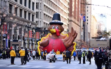 CHICAGO, UNITED STATES - NOVEMBER 23:Thanksgiving parade takes place in downtown Chicago on Thanksgiving morning, Thursday, November 23, 2023.The Chicago 2023 Thanksgiving Parade include classic marching bands, festive floats, live performances and Teddy the Turkey and other giant helium balloon. (Photo by Jacek Boczarski/Anadolu via Getty Images)