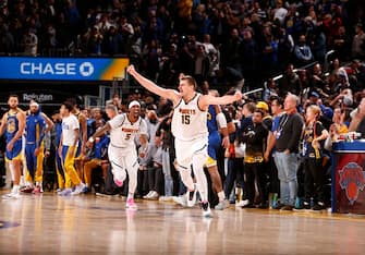 SAN FRANCISCO, CA - JANUARY 4: Nikola Jokic #15 of the Denver Nuggets celebrates after making the game winning three point basket against the Golden State Warriors on January 4, 2024 at Chase Center in San Francisco, California. NOTE TO USER: User expressly acknowledges and agrees that, by downloading and or using this photograph, user is consenting to the terms and conditions of Getty Images License Agreement. Mandatory Copyright Notice: Copyright 2024 NBAE (Photo by Jed Jacobsohn/NBAE via Getty Images)