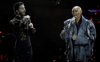 Italian duo Santi Francesi with British singer Skin (R) perform on stage at the Ariston theatre during the 74th Sanremo Italian Song Festival in Sanremo, Italy, 09 February 2024. The music festival runs from 06 to 10 February 2024.   ANSA/RICCARDO ANTIMIANI