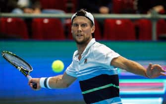 epa07930595 Andreas Seppi of Italy in action during his men's singles quarterfinal match against Karen Khachanov of Russia at the Kremlin Cup tennis tournament in Moscow, Russia, 18 October 2019.  EPA/YURI KOCHETKOV