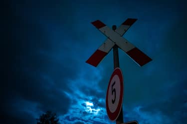 21 October 2021, Lower Saxony, Wilhelmshaven: A St. Andrew's cross sign against a cloudy sky in the early morning during the storm "Ignatz". Photo: Mohssen Assanimoghaddam/dpa (Photo by Mohssen Assanimoghaddam/picture alliance via Getty Images)