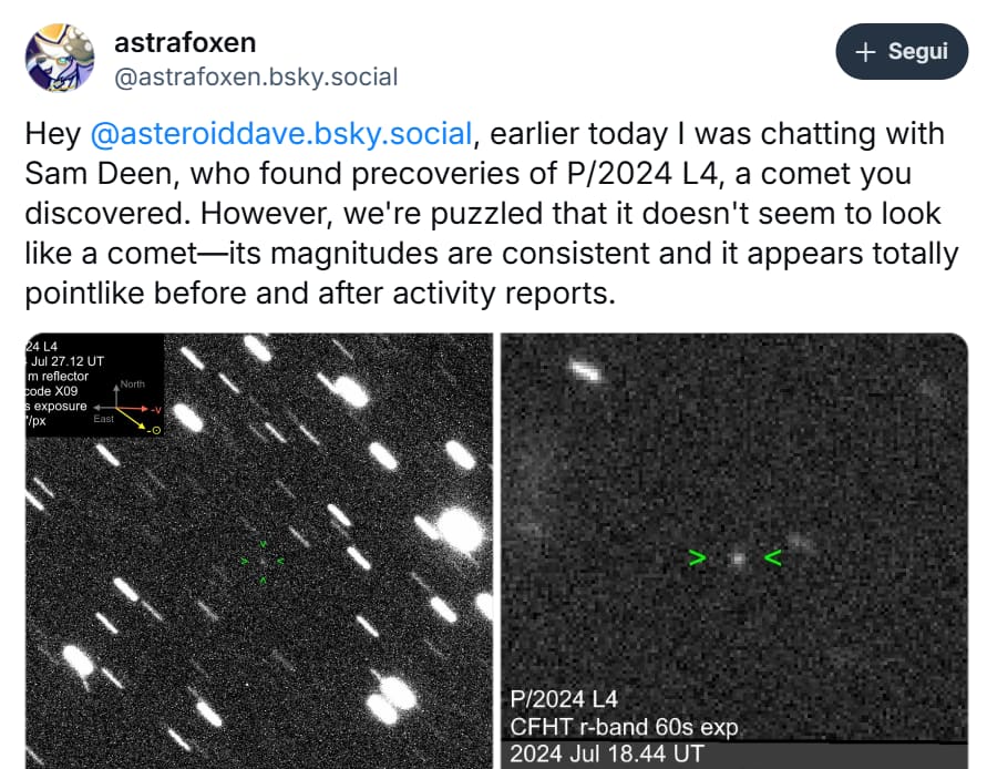 L'astronomo dilettante Sam Deen aveva individuato l'oggetto nelle foto scattate da Atlas alla fine di giugno nasa
