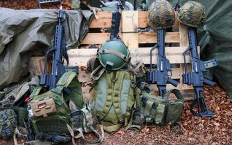 Military equipment, including a G36 assault rifle, of the German military during an Allied Spirit 24 multinational training exercise at the Hohenfels Training Area in Hohenfels, Germany, on Saturday, March 16, 2024. Allied Spirit 24 is a U.S. Army exercise for its NATO allies and partners, with participants from countries including Croatia, Denmark, Germany, Hungary, Italy, Lithuania, Netherlands, Spain, the UK and the US. Photographer: Alex Kraus/Bloomberg