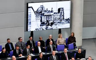epa12083026 German Parliament 'Bundestag'members attend an event of the German parliament to commemorate the 80th anniversary of the end of WWII in Europe in Berlin, Germany, 08 May 2025. World War II ended by the unconditional surrender of Nazi Germany on all fronts 80 years ago.  EPA/FILIP SINGER