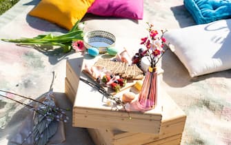 Detail of Pic Nic in Franciacorta vineyards, Brescia province in Lombardy district, Italy.