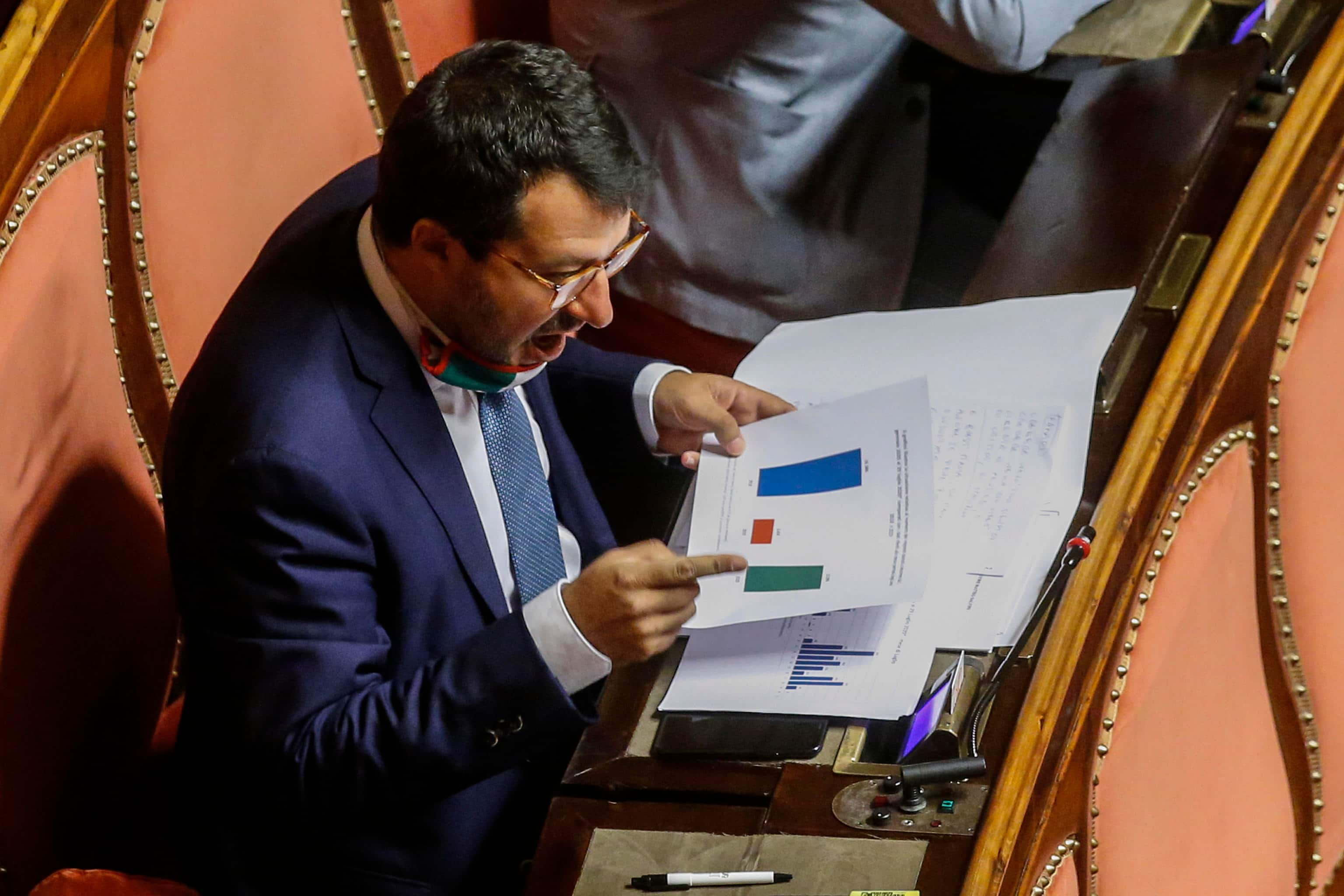 Il leader della Lega, Matteo Salvini nell'aula del Senato nel giorno del voto sull'autorizzazione a procedere per la vicenda Open Arms, Roma 30 luglio 2020. ANSA/FABIO FRUSTACI