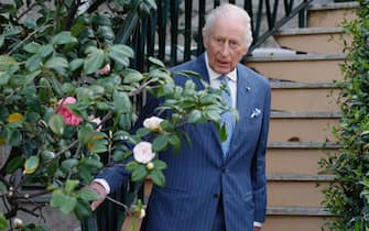 Britain's King Charles III and Queen Camilla during a meeting with the British community in Villa Wolkonsky, Rome, Italy 8 April 2025. ANSA/FABIO FRUSTACI
