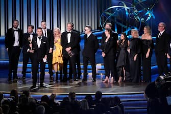 Jan 15, 2024; Los Angeles, CA, USA; Producers accept the award for outstanding live variety special for ‘Elton John Live: Farewell From Dodger Stadium’ during the 75th Emmy Awards at the Peacock Theater in Los Angeles on Monday, Jan. 15, 2024. Mandatory Credit: Robert Hanashiro-USA TODAY/Sipa USA
