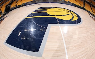 INDIANAPOLIS, IN - APRIL 20:  A view of the Indiana Pacers logo on the floor before the game between Indiana Pacers and Cleveland Cavaliers in Game Three of Round One of the 2018 NBA Playoffs on April 20, 2018 at Bankers Life Fieldhouse in Indianapolis, Indiana. NOTE TO USER: User expressly acknowledges and agrees that, by downloading and or using this Photograph, user is consenting to the terms and conditions of the Getty Images License Agreement. Mandatory Copyright Notice: Copyright 2018 NBAE (Photo by Ron Hoskins/NBAE via Getty Images)
