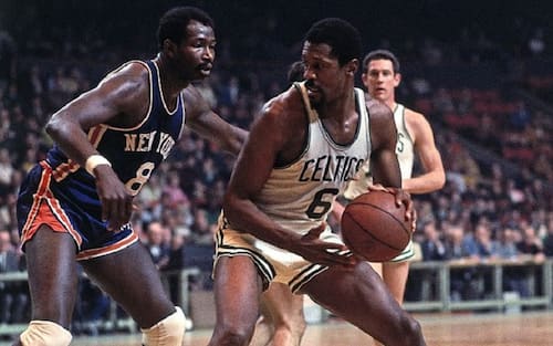 BOSTON - 1968:  Bill Russell #6 of Boston Celtics posts up against Walt Bellamy #8 of the New York Knicks during a game played in 1968 at the Boston Garden in Boston, Massachusetts. NOTE TO USER: User expressly acknowledges and agrees that, by downloading and or using this photograph, User is consenting to the terms and conditions of the Getty Images License Agreement. Mandatory Copyright Notice: Copyright 1968 NBAE (Photo by Dick Raphael/NBAE via Getty Images)