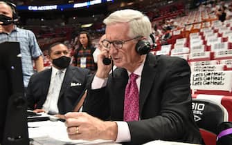 MIAMI, FL - MAY 17: ESPN Analyst Mike Breen, speaks over his headset before the game between the Boston Celtics and the Miami Heat during Game 1 of the 2022 NBA Playoffs Eastern Conference Finals on May 17, 2022 at FTX Arena in Miami, Florida. NOTE TO USER: User expressly acknowledges and agrees that, by downloading and or using this Photograph, user is consenting to the terms and conditions of the Getty Images License Agreement. Mandatory Copyright Notice: Copyright 2022 NBAE (Photo by David Dow/NBAE via Getty Images)