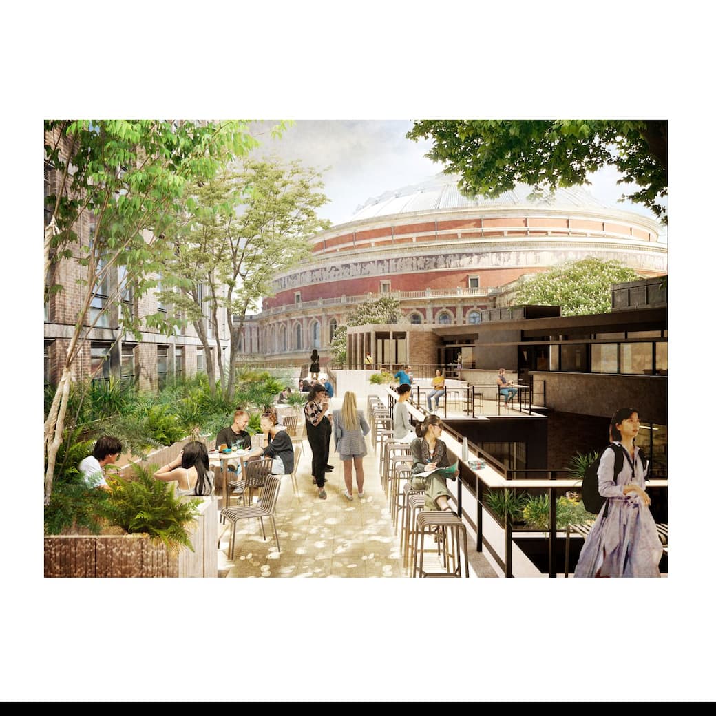 Architectural render of the Royal Collect of Art. Terrace View. Image Witherford Watson Mann Architects