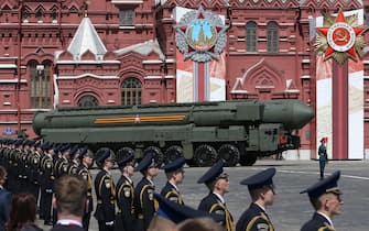 MOSCOW, RUSSIA - JUNE,24 (RUSSIA OUT): Russian nuclear missile rolls along Red Square during the military parade marking the 75th anniversary of Nazi defeat, on June,24,2020 in Moscow, Russia. The requirement to wear masks and gloves to combat a spread of the Coronavirus (COVID-19) is still in effect in Moscow. (Photo by Mikhail Svetlov/Getty Images)