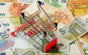 Empty inverted shopping cart on euro money background - Concept of purchasing crisis