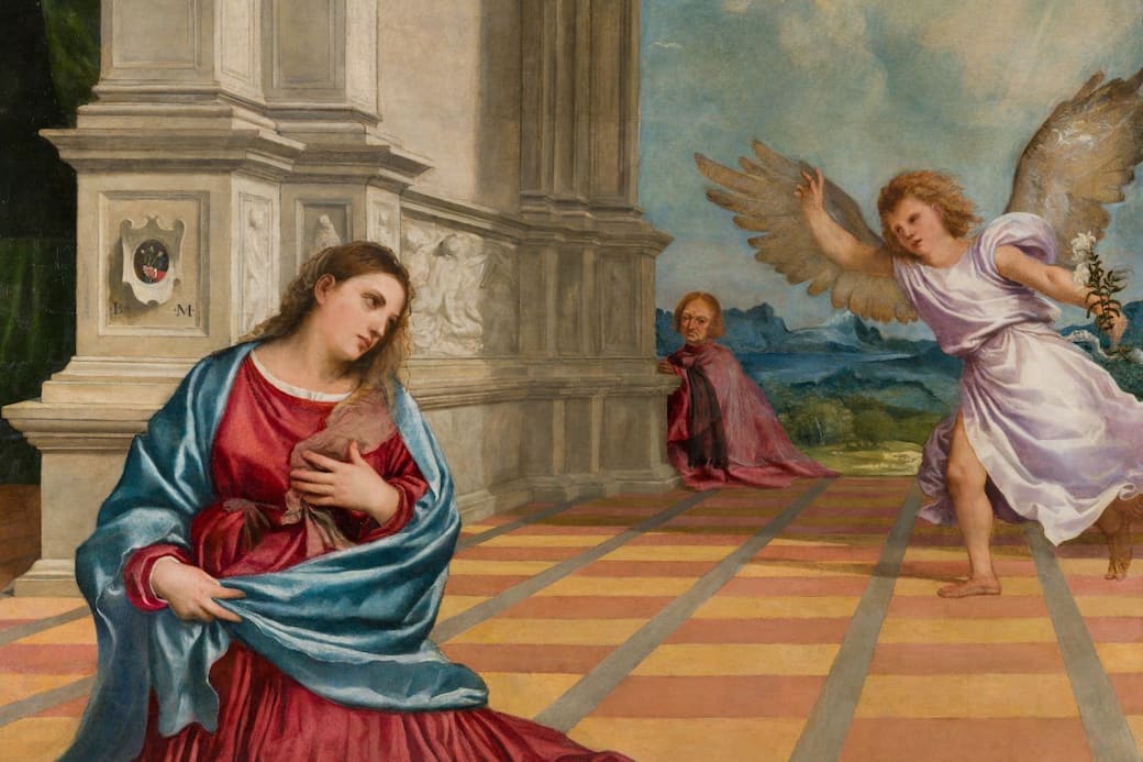 Tiziano Vecellio, Annunciazione (dettaglio). Olio su tavola, 1520 Treviso, Cattedrale di San Pietro apostolo – Cappella Malchiostro, altare