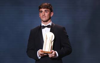 (221018) -- PARIS, Oct. 18, 2022 (Xinhua) -- Barcelona's Spanish midfielder Gavi poses with the Kopa Trophy for best under-21 player during the 2022 Ballon d'Or France Football award ceremony at the Theatre du Chatelet in Paris, France, Oct. 17, 2022. (Xinhua/Gao Jing) - Gao Jing -//CHINENOUVELLE_CHINE2240/2210180829/Credit:CHINE NOUVELLE/SIPA/2210180838