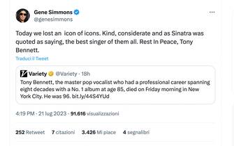 Il post di Gene Simmons dedicato a Tony Bennett