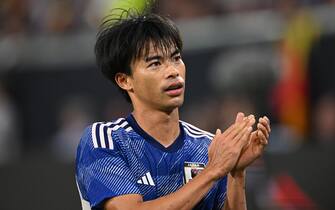 epa10851442 Japan's Kaoru Mitoma reacts during the friendly soccer match between Germany and Japan in Wolfsburg, Germany, 09 September 2023.  EPA/FILIP SINGER