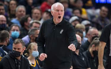 SALT LAKE CITY, UT -  DECEMBER 17: Head coach Gregg Popovich of the San Antonio Spurs reacts after a score against the Utah Jazz during the second half of their game on December 17, 2021 at the Vivint Smart Home Arena in Salt Lake City, Utah. NOTE TO USER: User expressly acknowledges and agrees that, by downloading and/or using this Photograph, user is consenting to the terms and conditions of the Getty Images License Agreement.(Photo by Chris Gardner/Getty Images)