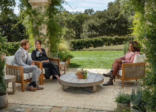 UNSPECIFIED - UNSPECIFIED: In this handout image provided by Harpo Productions and released on March 5, 2021, Oprah Winfrey interviews Prince Harry and Meghan Markle on A CBS Primetime Special premiering on CBS on March 7, 2021. (Photo by Harpo Productions/Joe Pugliese via Getty Images)