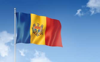 Moldova flag isolated on a blue sky. Horizontal banner