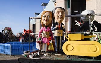 A general view shows the preparation of the floats for the first masked course at the Cittadella del Carnevale in Viareggio, Italy, on February 3, 2024 (Photo by Alessandro Bremec/NurPhoto via Getty Images).
