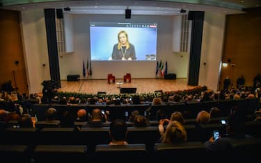 L intervento in collegamento video della presidente del Consiglio, Giorgia Meloni, al convegno di Fratelli d Italia a Palazzo Lombardia, Milano, 14 gennaio 2023.
ANSA/MATTEO CORNER