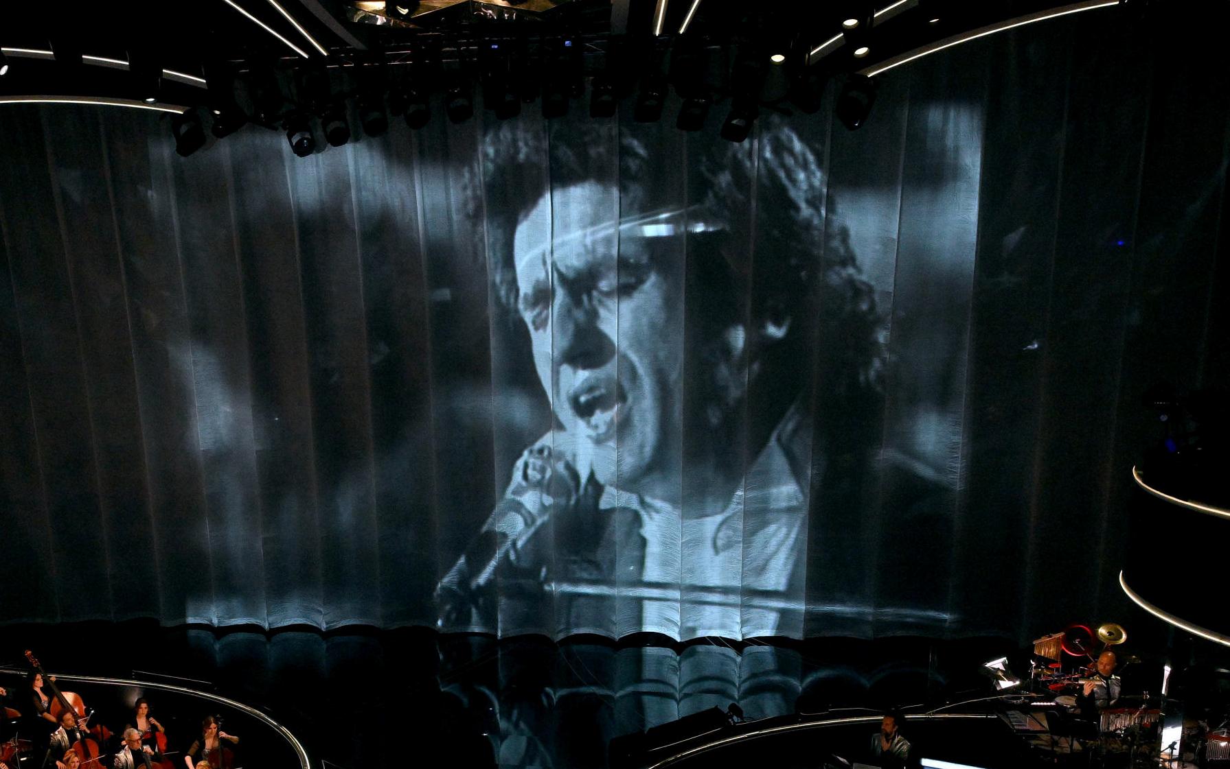 Tribute to Italian singer Toto Cutugno on the screen of the stage at the Ariston theatre during the 74th Sanremo Italian Song Festival, in Sanremo, Italy, 06 February 2024. The music festival will run from 06 to 10 February 2024.  ANSA/ETTORE FERRARI