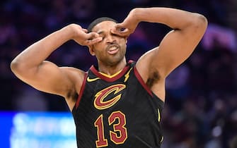 CLEVELAND, OHIO - FEBRUARY 12: Tristan Thompson #13 of the Cleveland Cavaliers celebrates after scoring during the first half against the Atlanta Hawks at Rocket Mortgage Fieldhouse on February 12, 2020 in Cleveland, Ohio. NOTE TO USER: User expressly acknowledges and agrees that, by downloading and/or using this photograph, user is consenting to the terms and conditions of the Getty Images License Agreement. (Photo by Jason Miller/Getty Images)