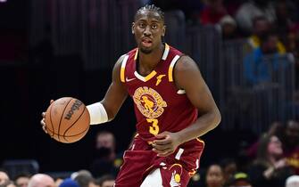 CLEVELAND, OH - FEBRUARY 9: Caris LeVert #3 of the Cleveland Cavaliers dribbles the ball  during the game against the San Antonio Spurs on February 9, 2022 at Rocket Mortgage FieldHouse in Cleveland, Ohio. NOTE TO USER: User expressly acknowledges and agrees that, by downloading and/or using this Photograph, user is consenting to the terms and conditions of the Getty Images License Agreement. Mandatory Copyright Notice: Copyright 2022 NBAE (Photo by Emilee Chinn/NBAE via Getty Images)