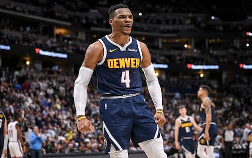 DENVER, CO - NOVEMBER 6: Russell Westbrook (4) of the Denver Nuggets growls to get the crowd hyped during the third quarter against the Oklahoma City Thunder at Ball Arena in Denver, Colorado on Wednesday, November 6, 2024. (Photo by AAron Ontiveroz/The Denver Post)