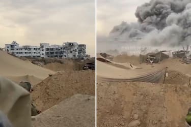 Una combo con i fermo immagine del prima e dopo l'esplosione del palazzo del parlamento di Gaza, utilizzato da Hamas ,per mano dell'esercito israeliano, Roma 15 novembre 2023- FRAME DA VIDEO OVERTON- NPK
