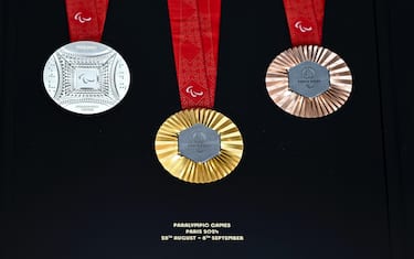 PARIS, FRANCE - FEBRUARY 8: Olympic medals are displayed during the unveiling of the Paris 2024 Olympic and Paralympic Games Medals At Paris 2024 Headquarters on February 8, 2024 in Paris, France. Paris will host the Summer Olympics from July 26 till August 11, 2024. (Photo by Eurasia Sport Images/Getty Images)