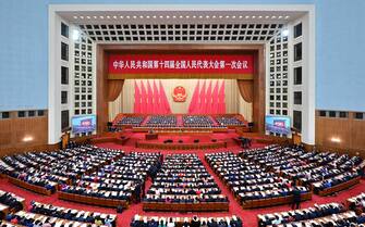 epa10504127 A general view over the opening meeting of the first session of the 14th National People's Congress (NPC) held at the Great Hall of the People in Beijing, China, 05 March 2023. China holds two major annual political meetings, the National People's Congress (NPC) and the Chinese People's Political Consultative Conference (CPPCC) which run alongside and together are known as 'Lianghui' or 'Two Sessions'.  EPA/XINHUA / Zhai Jianlan CHINA OUT / MANDATORY CREDIT  EDITORIAL USE ONLY