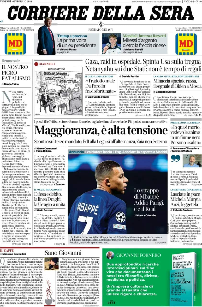 Le prime pagine dei quotidiani di oggi 16 febbraio la rassegna