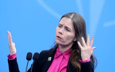 Iceland's Prime Minister Katrin Jakobsdottir speaks as she arrives to attend the NATO Summit in Vilnius, Lithuania, on July 11, 2023. (Photo by PETRAS MALUKAS / AFP) (Photo by PETRAS MALUKAS/AFP via Getty Images)