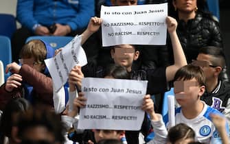 NAPLES, ITALY - MARCH 30: SSC Napoli supporters show their support to Juan Jesus due to Francesco Acerbi racism case before the Serie A TIM match between SSC Napoli and Atalanta BC at Stadio Diego Armando Maradona on March 30, 2024 in Naples, Italy. (Photo by Francesco Pecoraro/Getty Images)