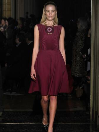 A model walks the runway at the Lorenzo Riva fashion show as part of Milan Fashion Week Womenswear Fall/Winter 2013/14 on February 25, 2014 in Milan, Italy.