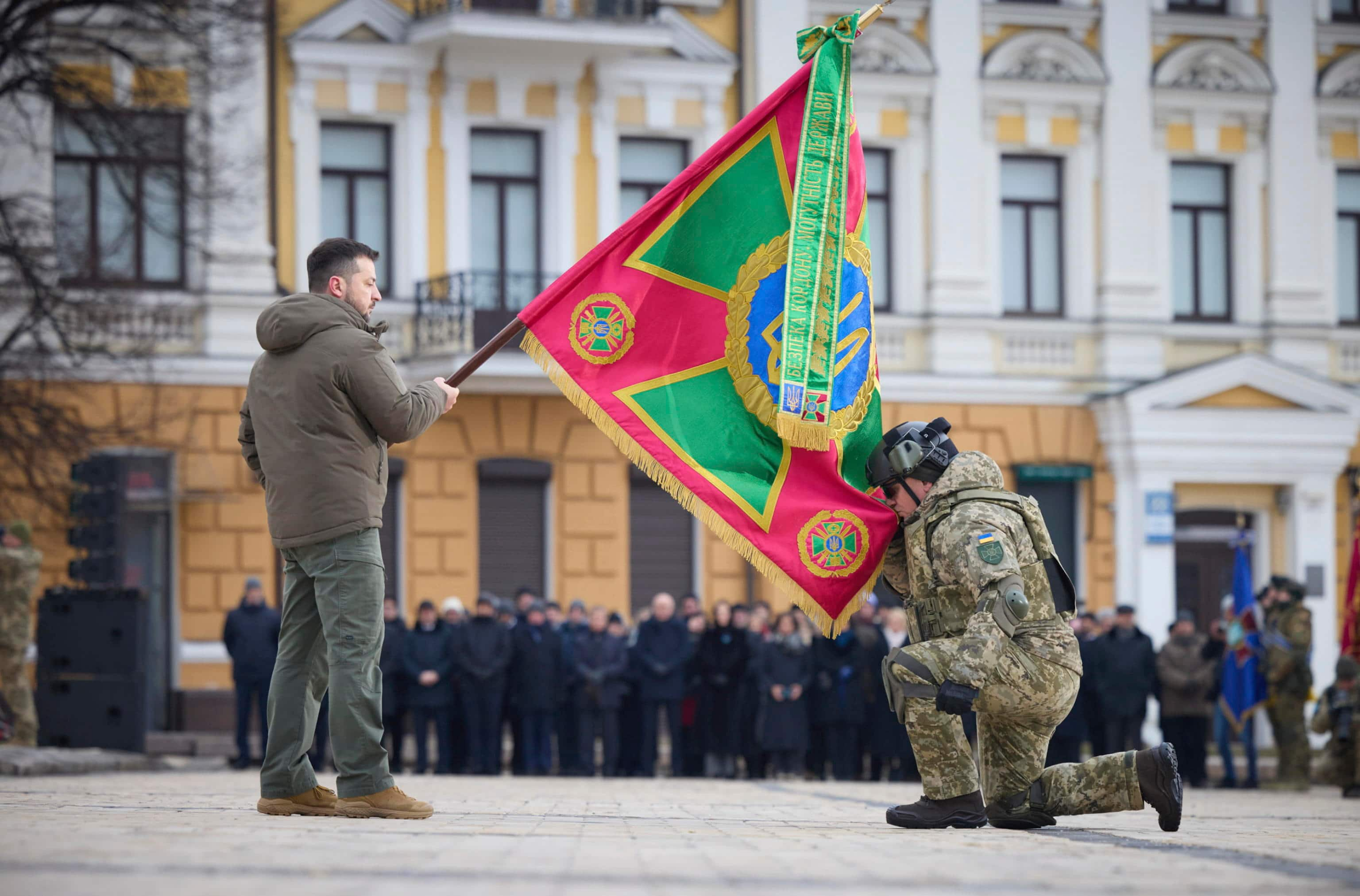 epa10487441 A handout picture made available by the presidential press service shows Ukrainian President Volodymyr Zelensky (L) honouring servicemen at the event 'February, Year, Invincibility' on Sofiivska Square in Kyiv, Ukraine, 24 February 2023 on the first anniversary of the Russian invasion. Russian troops entered Ukrainian territory on 24 February 2022, starting a conflict that has provoked destruction and a humanitarian crisis. One year on, fighting continues in many parts of the country.  EPA/PRESIDENTIAL PRESS SERVICE HANDOUT HANDOUT  HANDOUT EDITORIAL USE ONLY/NO SALES