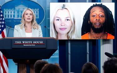 White House Press Secretary Karoline Leavitt speaks alongside a photo of Ukrainian refugee Iryna Zarutska, who was allegedly killed by Decarlos Brown Jr. (R), on a light rail train in Charlotte, North Carolina, during a press briefing in the Brady Press Briefing Room of the White House in Washington, DC, September 9, 2025. (Photo by SAUL LOEB / AFP)