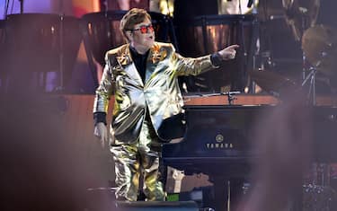 GLASTONBURY, ENGLAND - JUNE 25:  Sir Elton John performs on the Pyramid stage during day 5 of Glastonbury Festival 2023 Worthy Farm, Pilton on June 25, 2023 in Glastonbury, England. (Photo by Jim Dyson/Redferns)