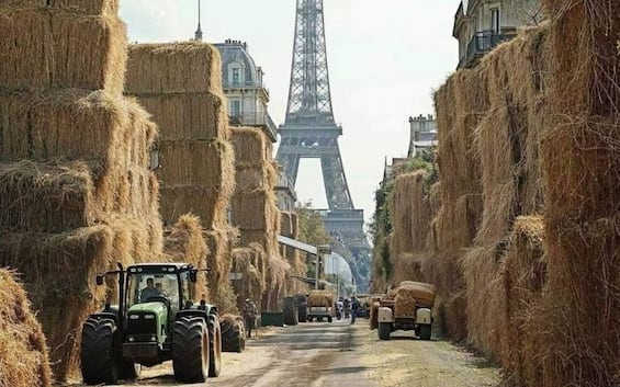 The Eiffel Tower between tractors and hay bales, but the photo is created by AI