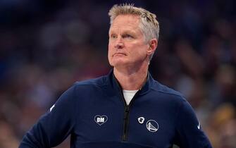 DALLAS, TEXAS - APRIL 05: Golden State Warriors head coach Steve Kerr looks on during the first half against the Dallas Mavericks at American Airlines Center on April 05, 2024 in Dallas, Texas. NOTE TO USER: User expressly acknowledges and agrees that, by downloading and or using this photograph, User is consenting to the terms and conditions of the Getty Images License Agreement. (Photo by Sam Hodde/Getty Images)