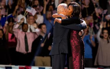 CHICAGO, IL - NOVEMBER 06: Vice-President Joe Biden and first lady Michelle Obama attend the 2012 Election Night watch party at McCormick Place on November 6, 2012 in Chicago, Illinois. (Photo by Barry Brecheisen/WireImage)