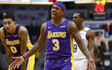 NEW ORLEANS, LA - MARCH 22:  Isaiah Thomas #3 of the Los Angeles Lakers reacts during the first half against the New Orleans Pelicans at the Smoothie King Center on March 22, 2018 in New Orleans, Louisiana. NOTE TO USER: User expressly acknowledges and agrees that, by downloading and or using this photograph, User is consenting to the terms and conditions of the Getty Images License Agreement.  (Photo by Jonathan Bachman/Getty Images)